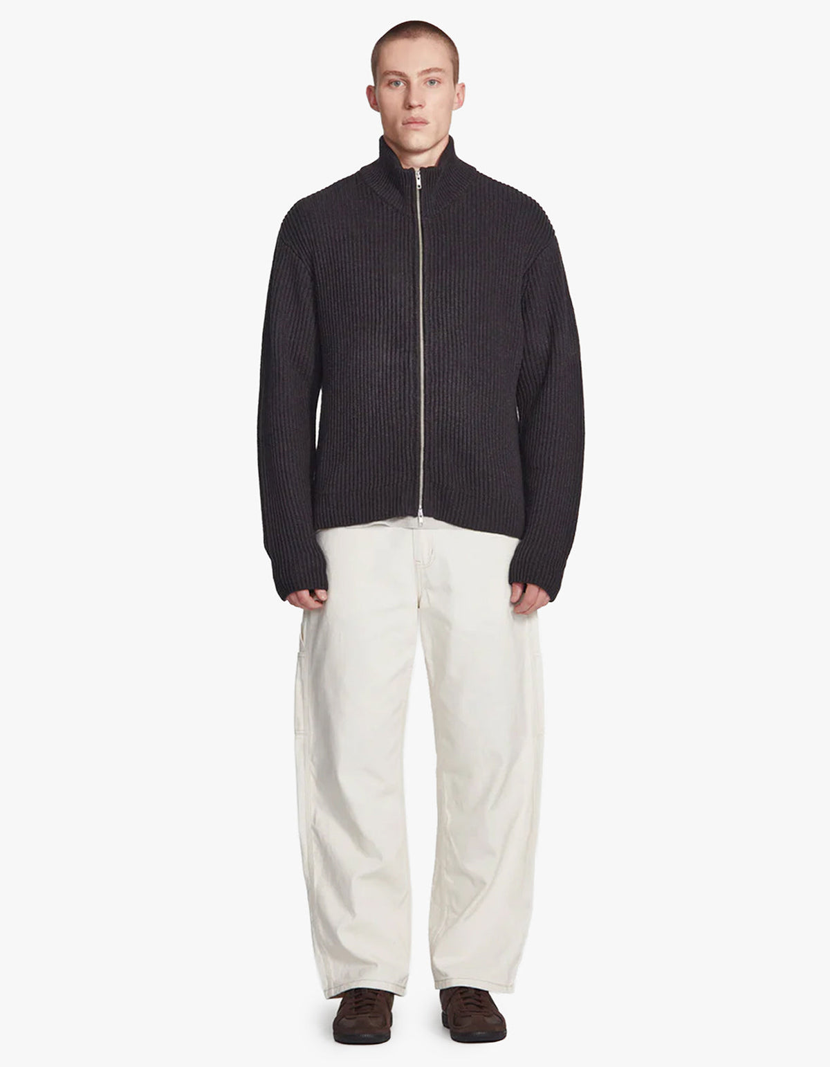 Mens Chunky Knit Zip Through - Charcoal