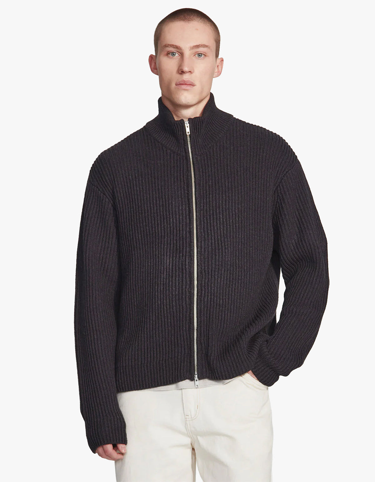 Mens Chunky Knit Zip Through - Charcoal