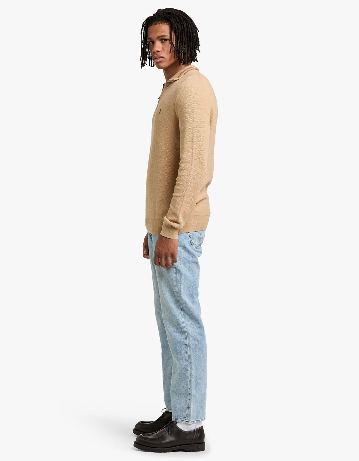 Mesh Knit Cotton Quarter Zip Sweater - Camel Melange