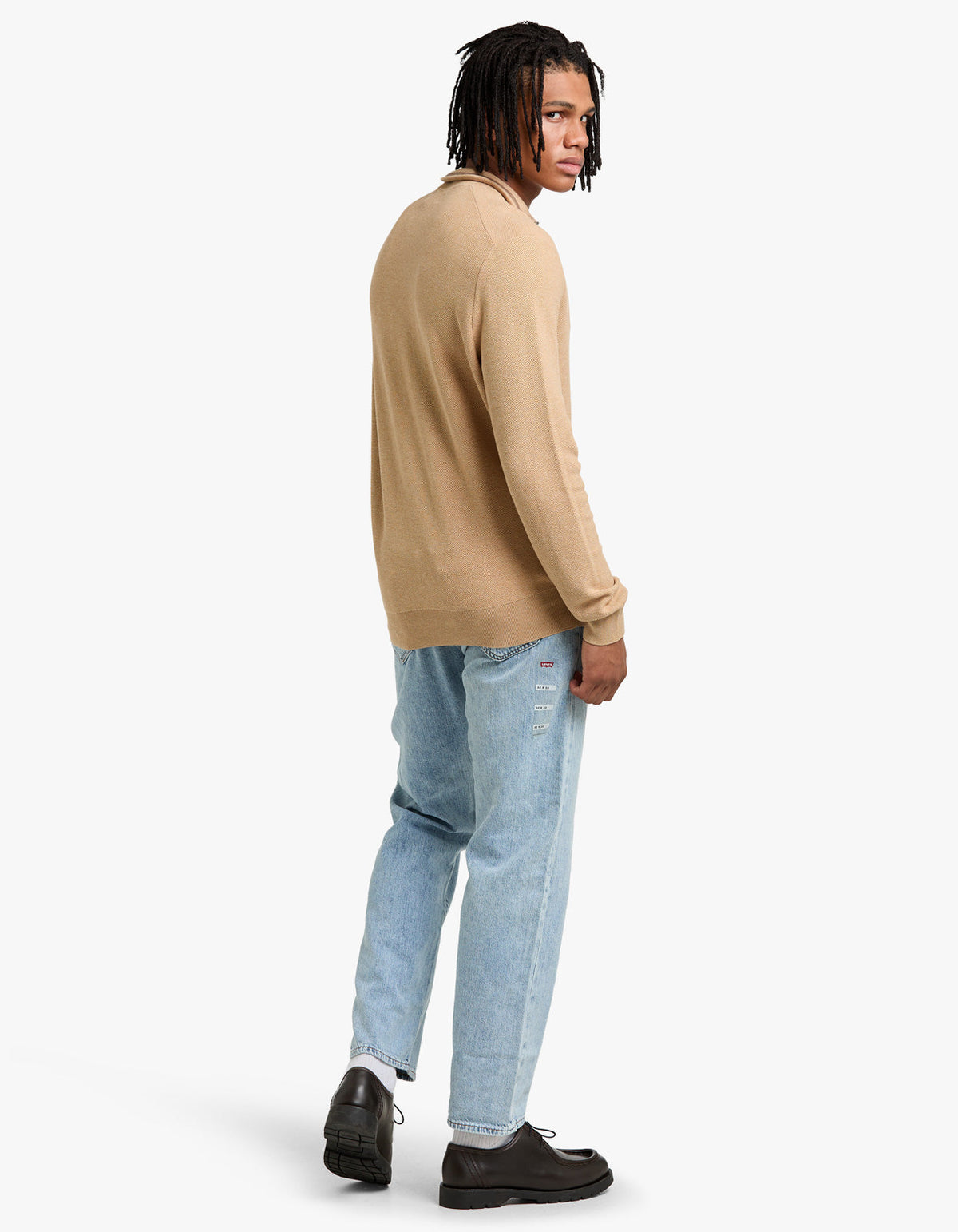 Mesh Knit Cotton Quarter Zip Sweater - Camel Melange