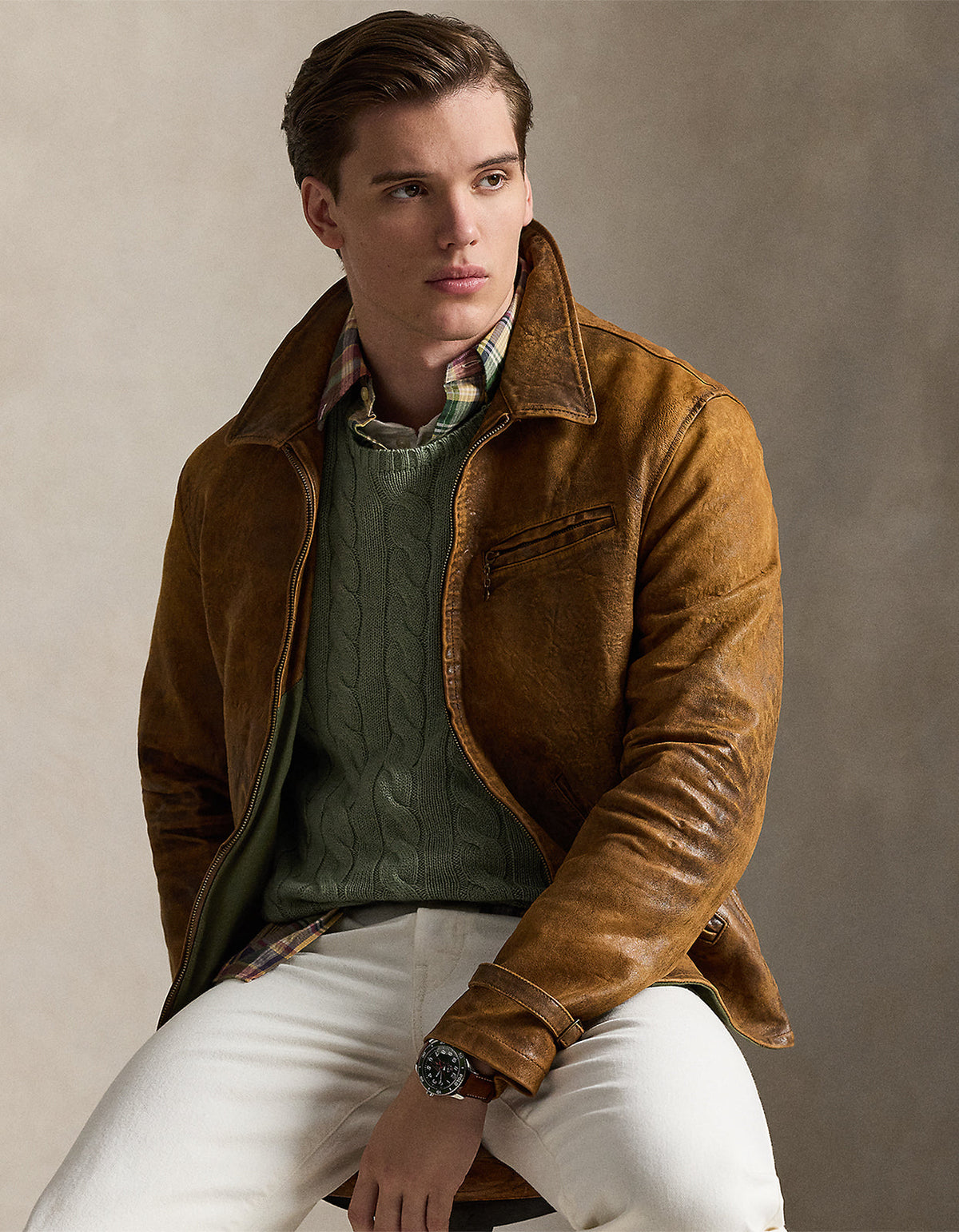 Cable Knit Cotton Sweater - Fern Green Heather