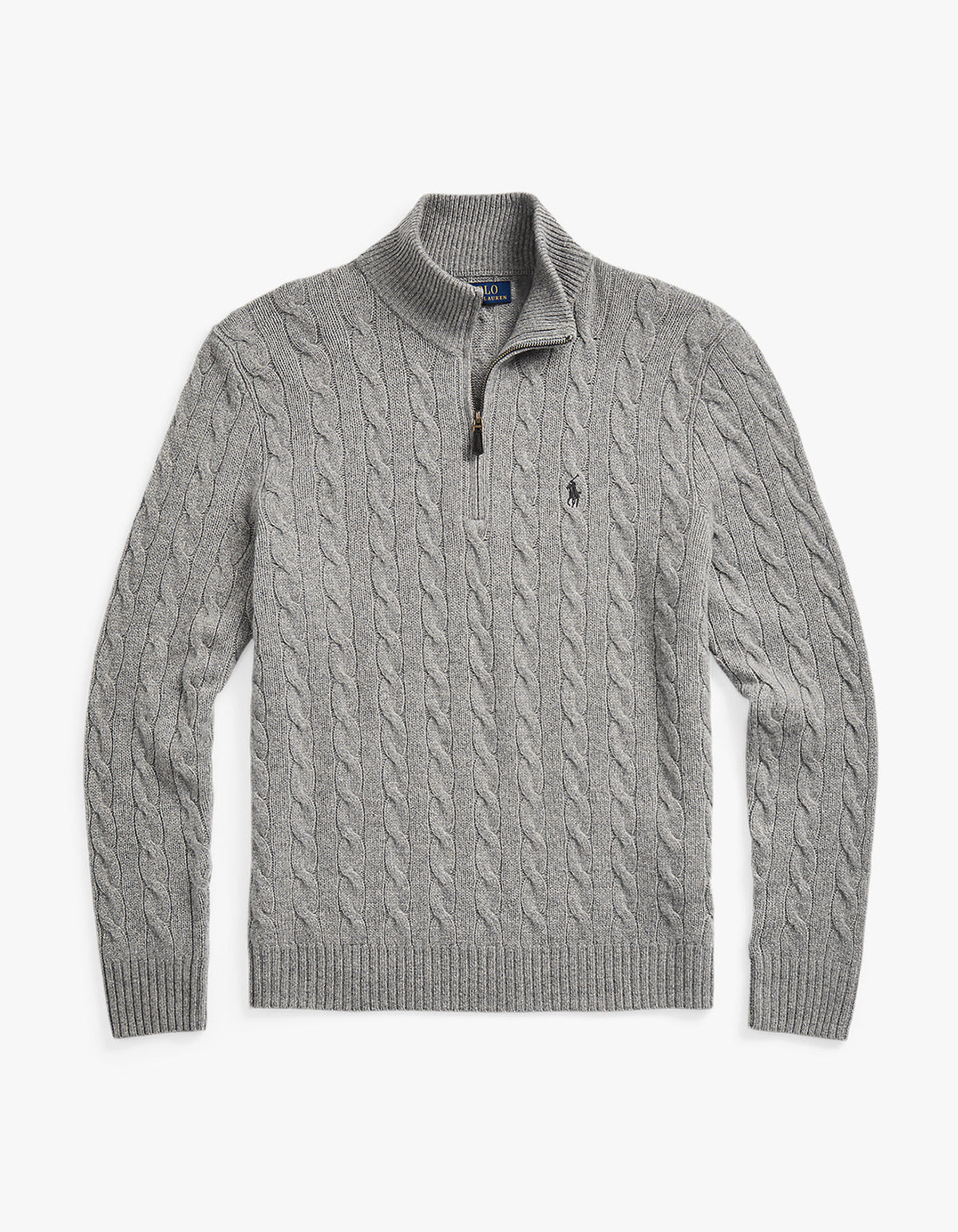 Cable Knit Cotton Quarter Zip Sweater - Fawn Grey Heather