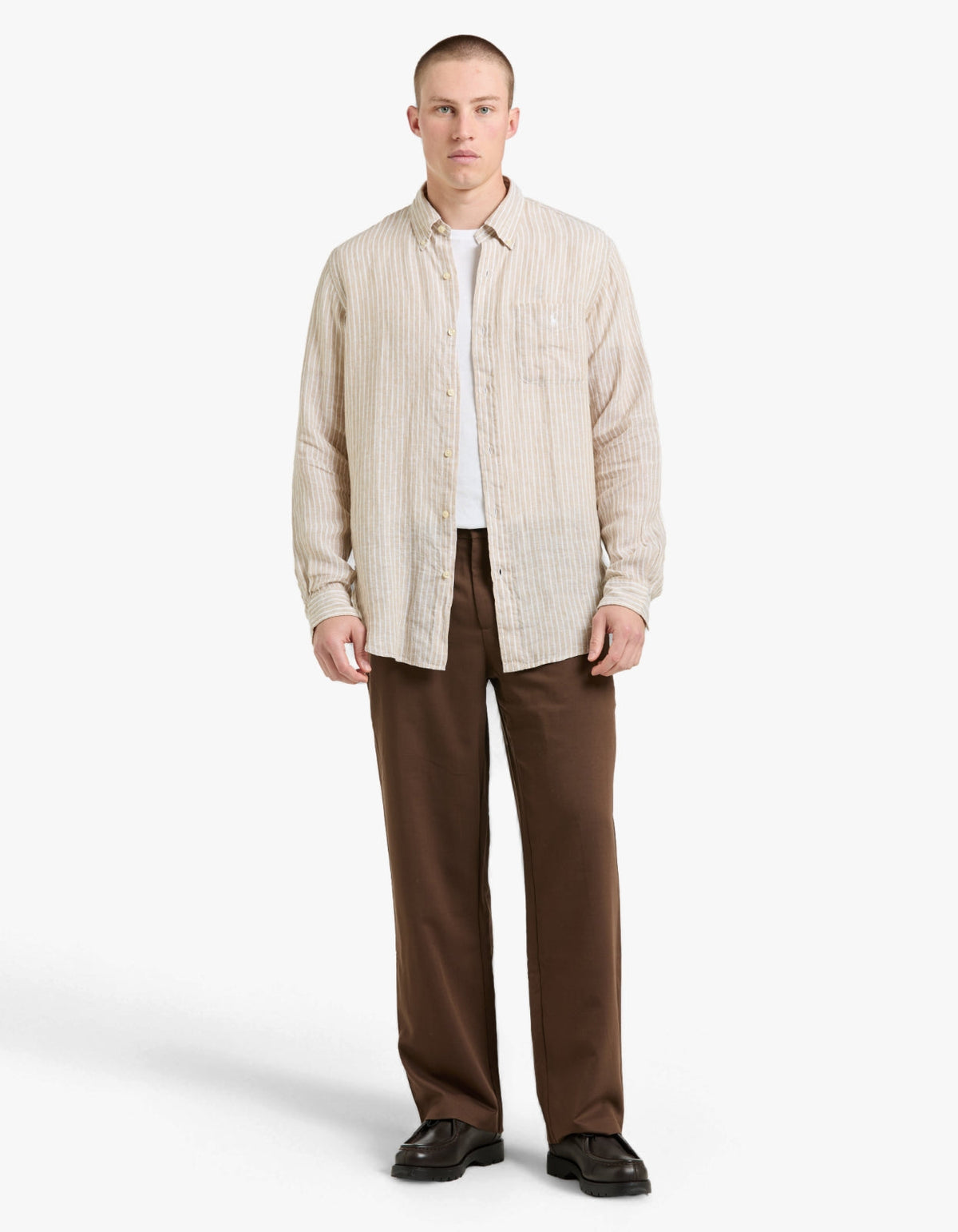 Custom Fit Striped Linen Shirt - 52F Costal Beige/White