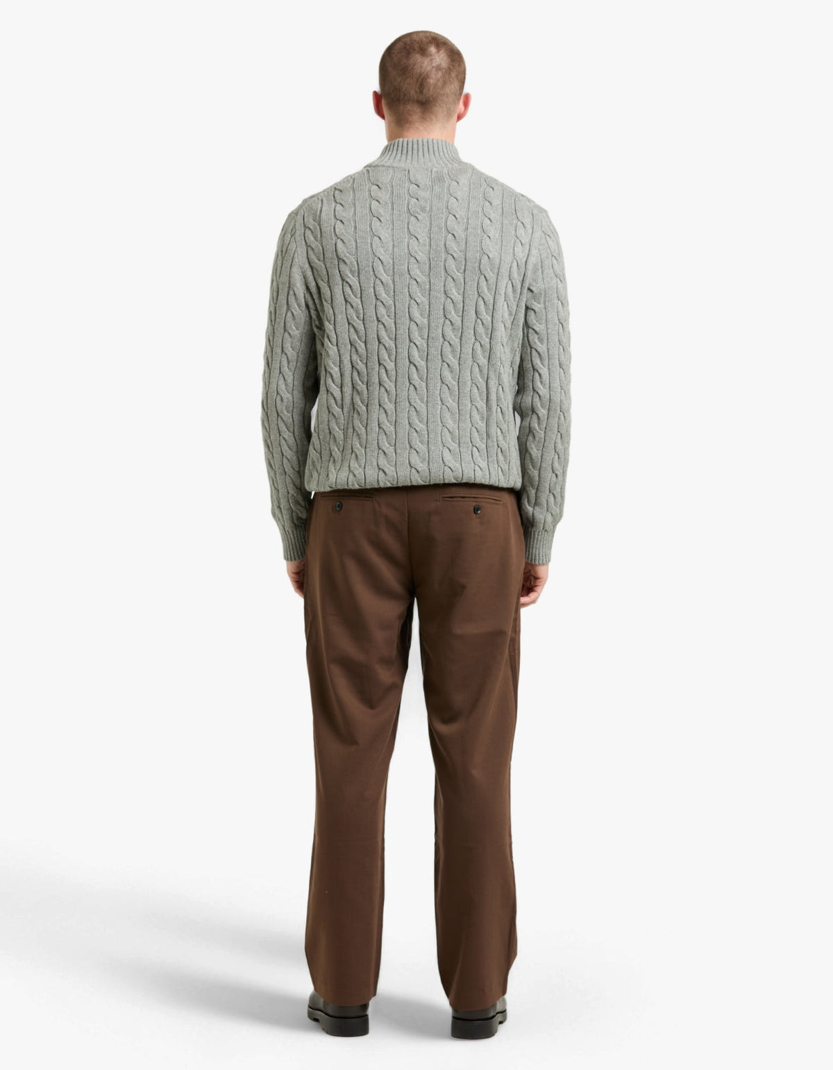 Cable Knit Cotton Quarter Zip Sweater - Fawn Grey Heather