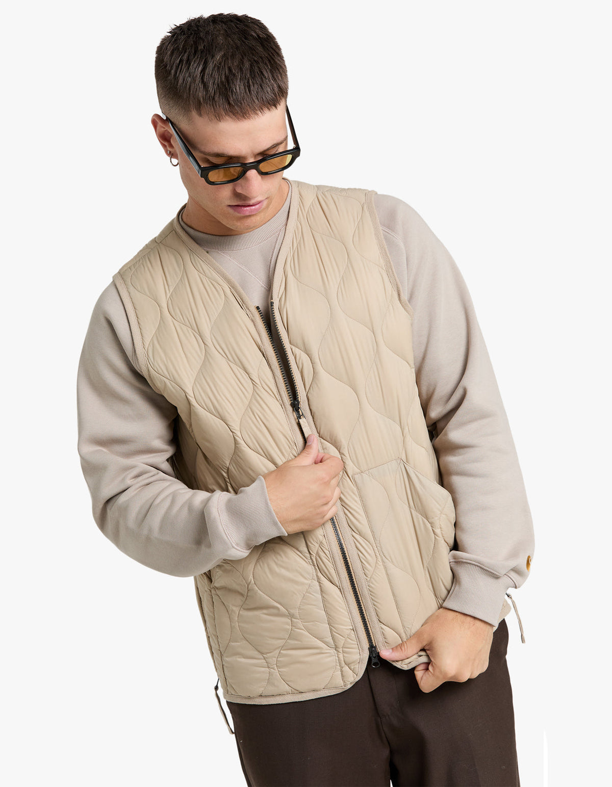 Soft Shell Military V Neck W Zip Down Vest - G.Beige
